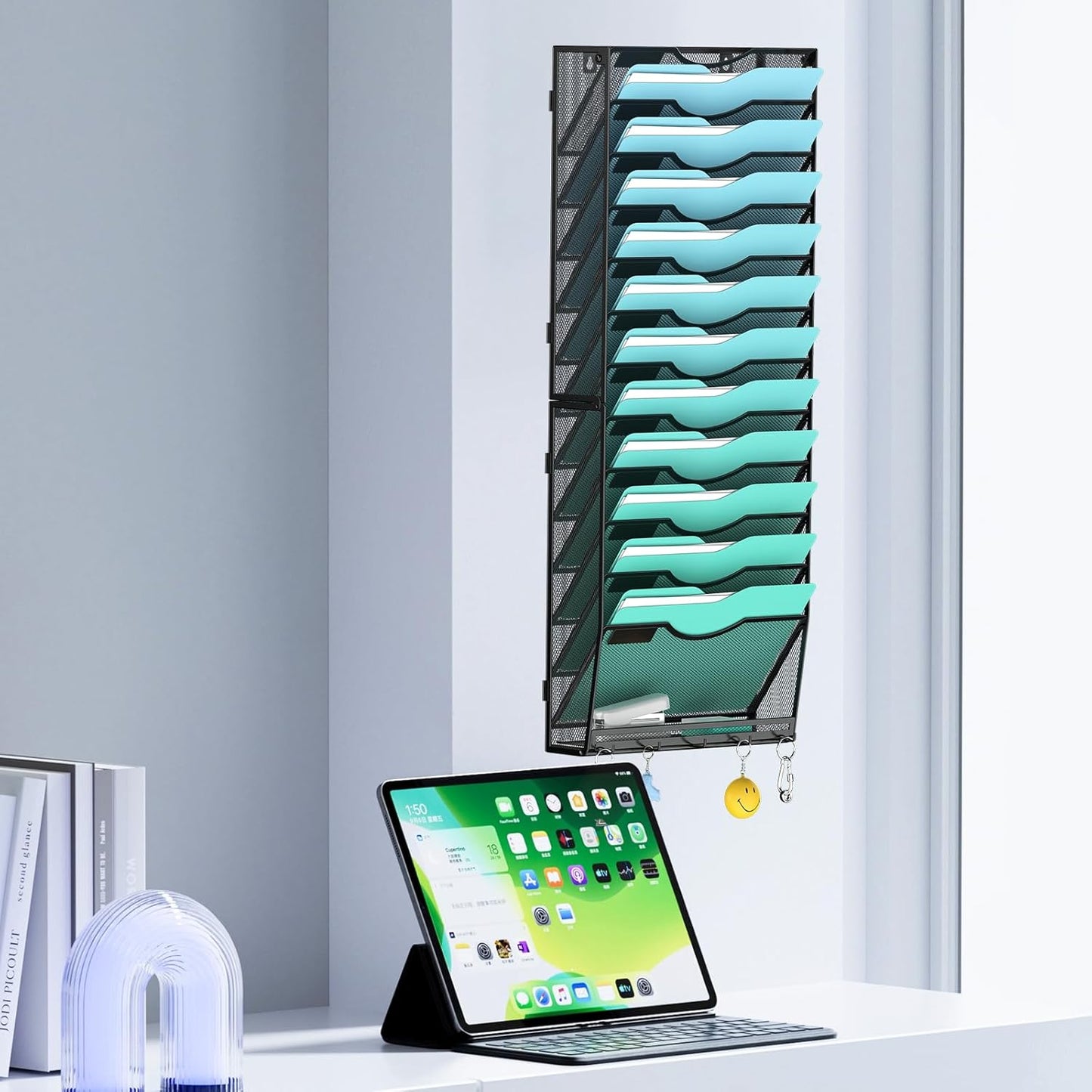 Gawerk 10-Tier Wall File Organizer Hanging Wall File Holder Wall Mount Paper Folder Organize, Mesh Magazine Document Mail Organizer Wall Organizer for Office School Home, Black