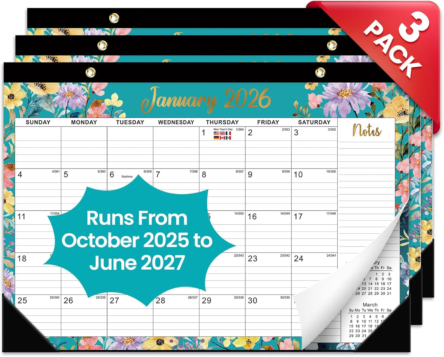 Desk Calendar 2026-2027, 21-Month Calendar Runs Until June 2027, Large 17" x 12" Monthly Desktop & Wall Calendar for Home & Office - Floral