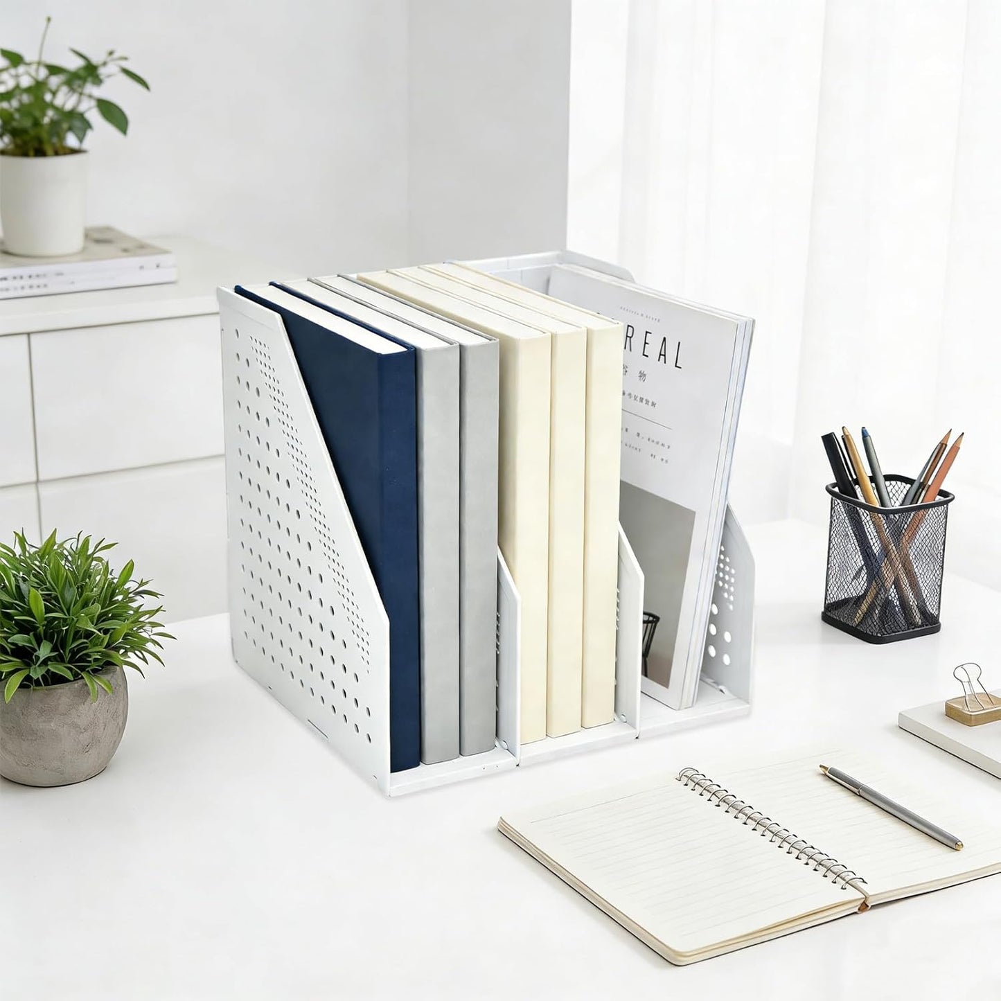 SAYEEC 1Pcs Collapsible Plastic Magazine File Holder Vertical Binder Storage Organizer for Desk Sturdy Upright Desktop Magazine Organizer Folder Rack for Office School Home (3 Compartments, Gray)