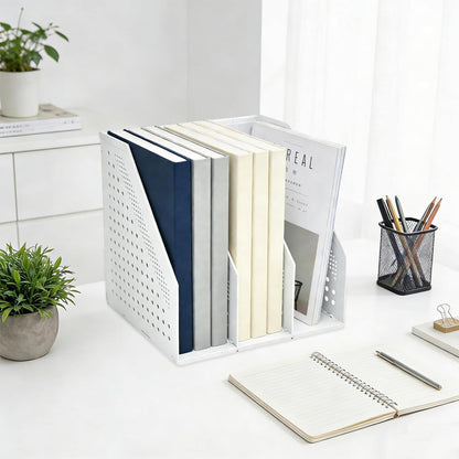 SAYEEC 1Pcs Collapsible Plastic Magazine File Holder Vertical Binder Storage Organizer for Desk Sturdy Upright Desktop Magazine Organizer Folder Rack for Office School Home (3 Compartments, Gray)