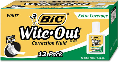 BIC WOFEC12WE Wite-Out Extra Coverage Correction Fluid, 20 ml Bottle, White, 1/Dozen