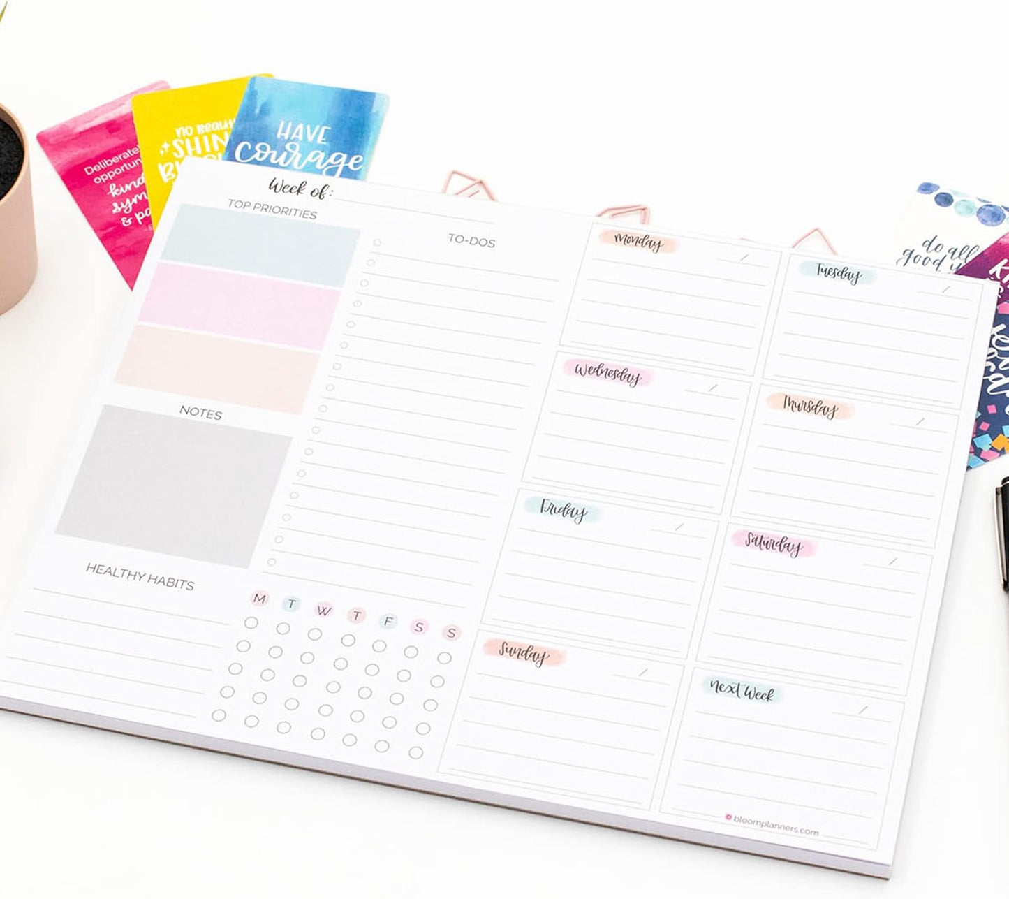 bloom daily planners Horizontal Weekly Tear-Off To Do List Planning Pad - Undated Notepad Organizer & Healthy Habit Tracker - 8.5” x 11” - Floral