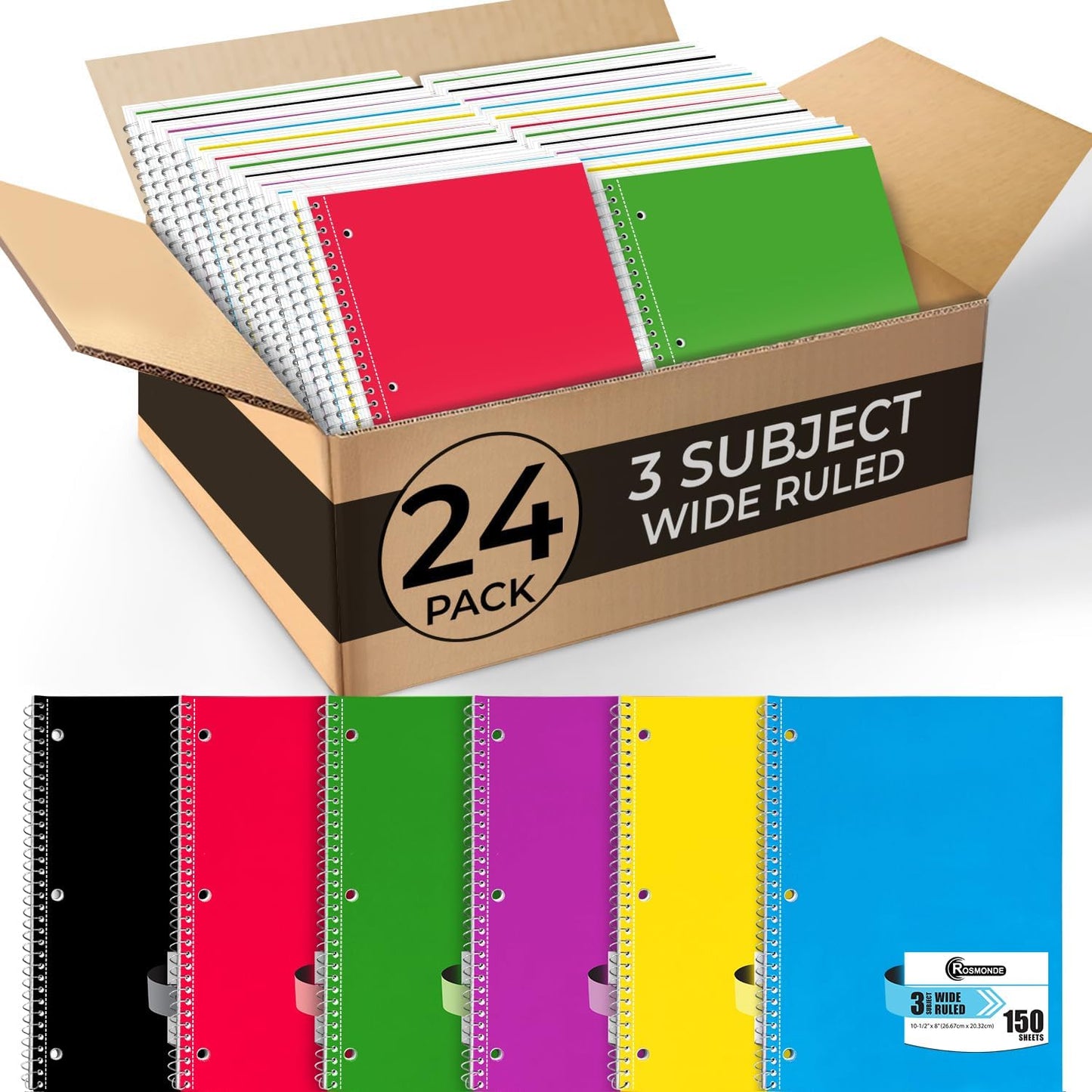 Rosmonde Spiral Notebooks, 24 Pack, 1 Subject Notebook, Wide Ruled, 70 Sheets, 8 x 10-1/2", 3 Hole Punched, School Supplies, Bulk Single Subject Spiral Notebook Bulk, Assorted Colors Pack of Notebooks