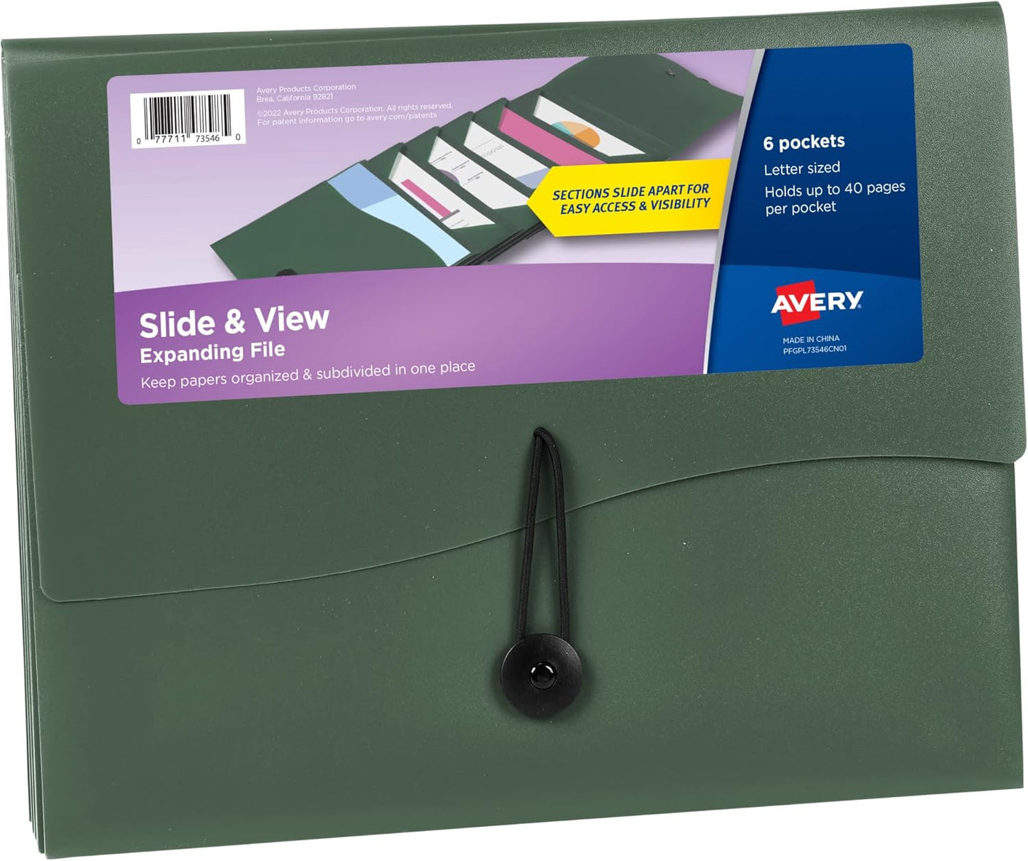 Avery Slide & View Expanding File Folder, 6 Pockets, Letter Size, 1 Black Folder (73542)