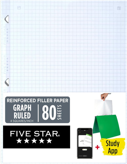 Five Star Loose Leaf Paper + Study App, Graph Ruled Filler Notebook Paper, Reinforced, Fights Ink Bleed, 8-1/2" x 11", 80 Sheets (170122)