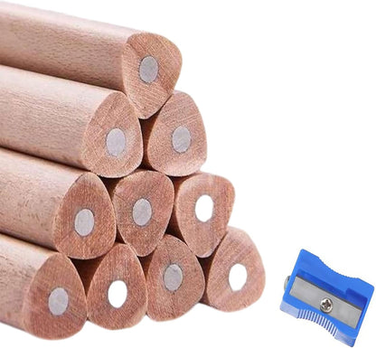 Buspoll 10 Stick HB Pencils Unpainted Natural Wood Grain Triangular for Kids Stationery