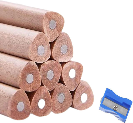 Buspoll 10 Stick HB Pencils Unpainted Natural Wood Grain Triangular for Kids Stationery