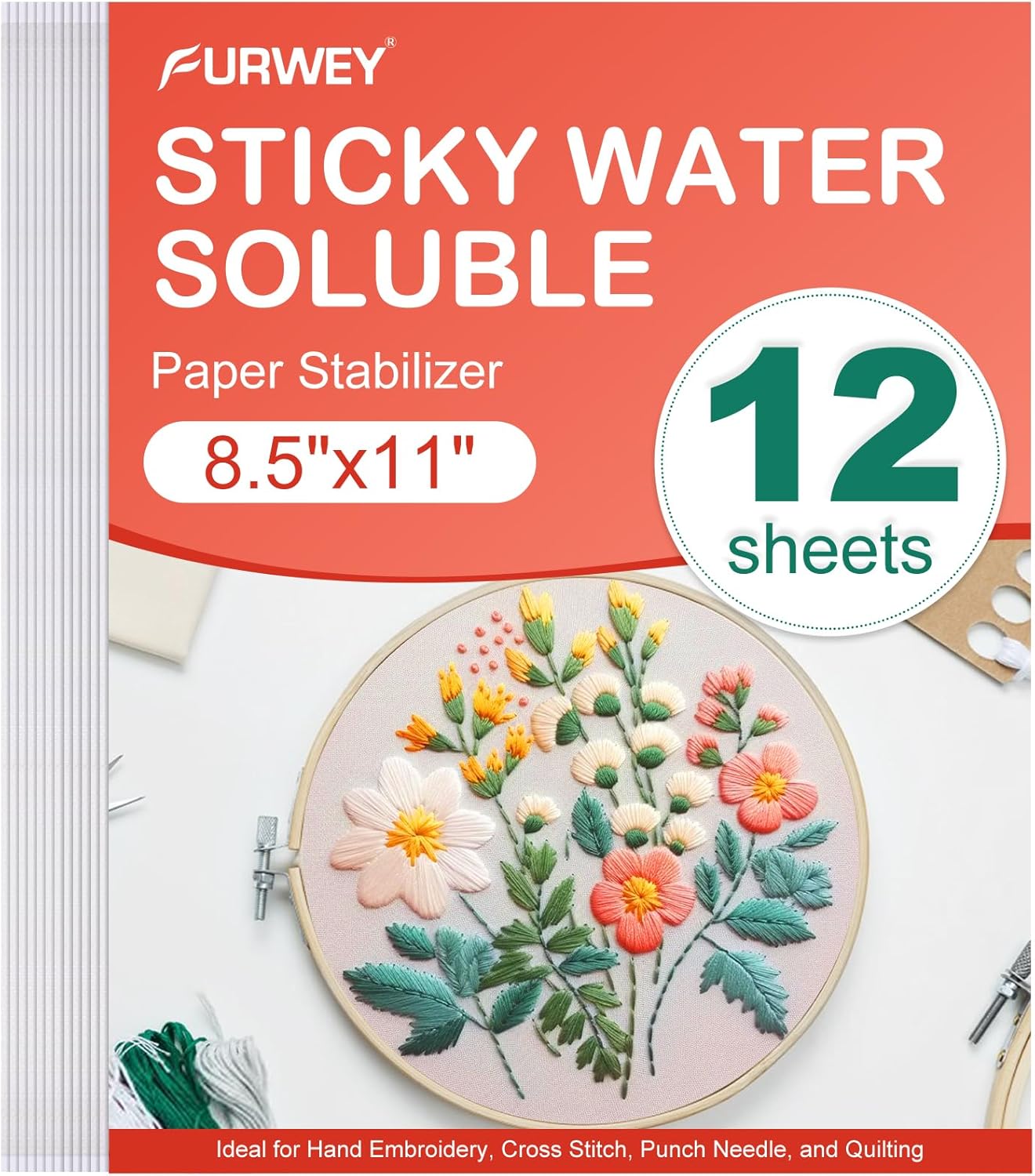 FURWEY 12PCS 8.5"x11" Wash Away Embroidery Stabilizer – Self Adhesive & Printable, Water Soluble Paper for Hand and Machine Use