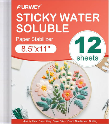 FURWEY 12PCS 8.5"x11" Wash Away Embroidery Stabilizer – Self Adhesive & Printable, Water Soluble Paper for Hand and Machine Use
