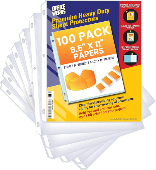 500 Sheet Protectors for 3 Ring Binder, 8.5 x 11 Heavy Duty Clear Plastic Sleeves for Paper, Top Loading Page Protectors, Reinforced 3-Hole Punch, Acid Free Polypropylene, Archival Safe - Office Werks