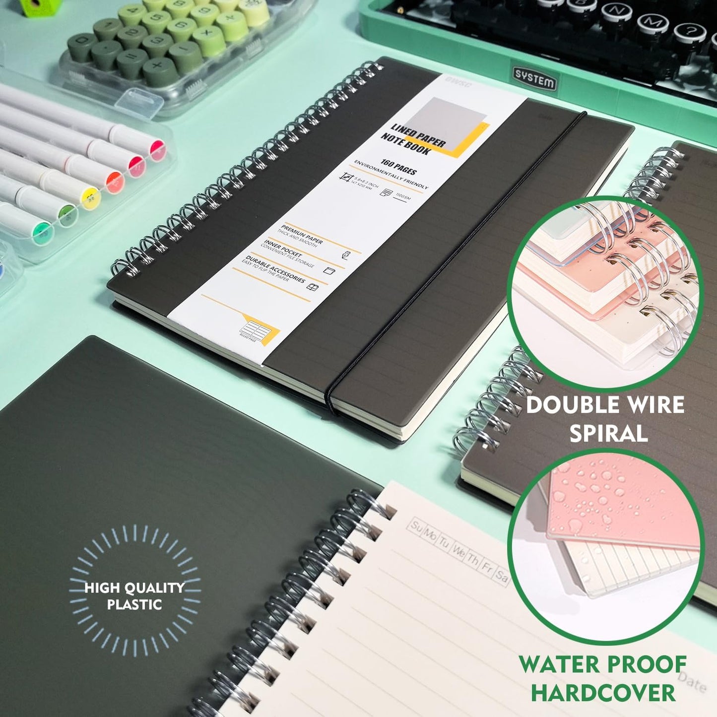 OWSC 4 Pack Lined Spiral Notebook, 5.9 x 8.3 Inches Notebooks for Work, School and Journal with 110 GSM Thick Paper, Small Notebook with 80 Sheets/160 Pages, Notebooks College Ruled for Note Taking