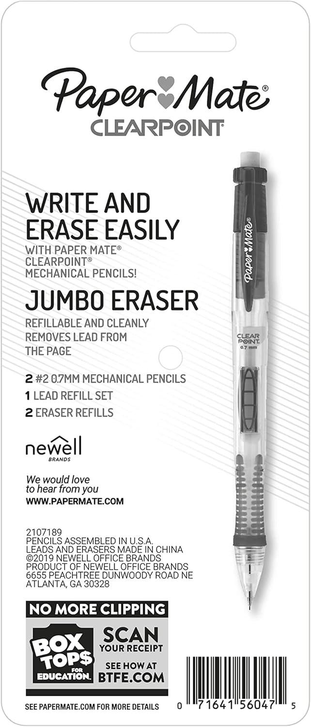 Paper Mate Clearpoint Mechanical Pencils, 0.7mm HB #2 Pencil Lead, Includes 2 Pencils, 1 Lead Refill, 2 Erasers - Back to School, Study Supplies, College, Note-Taking