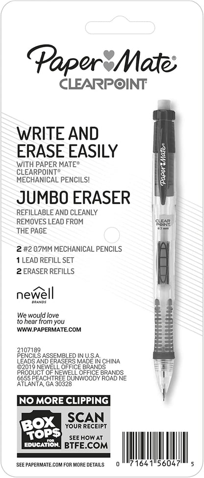 Paper Mate Clearpoint Mechanical Pencils, 0.7mm HB #2 Pencil Lead, Includes 2 Pencils, 1 Lead Refill, 2 Erasers - Back to School, Study Supplies, College, Note-Taking