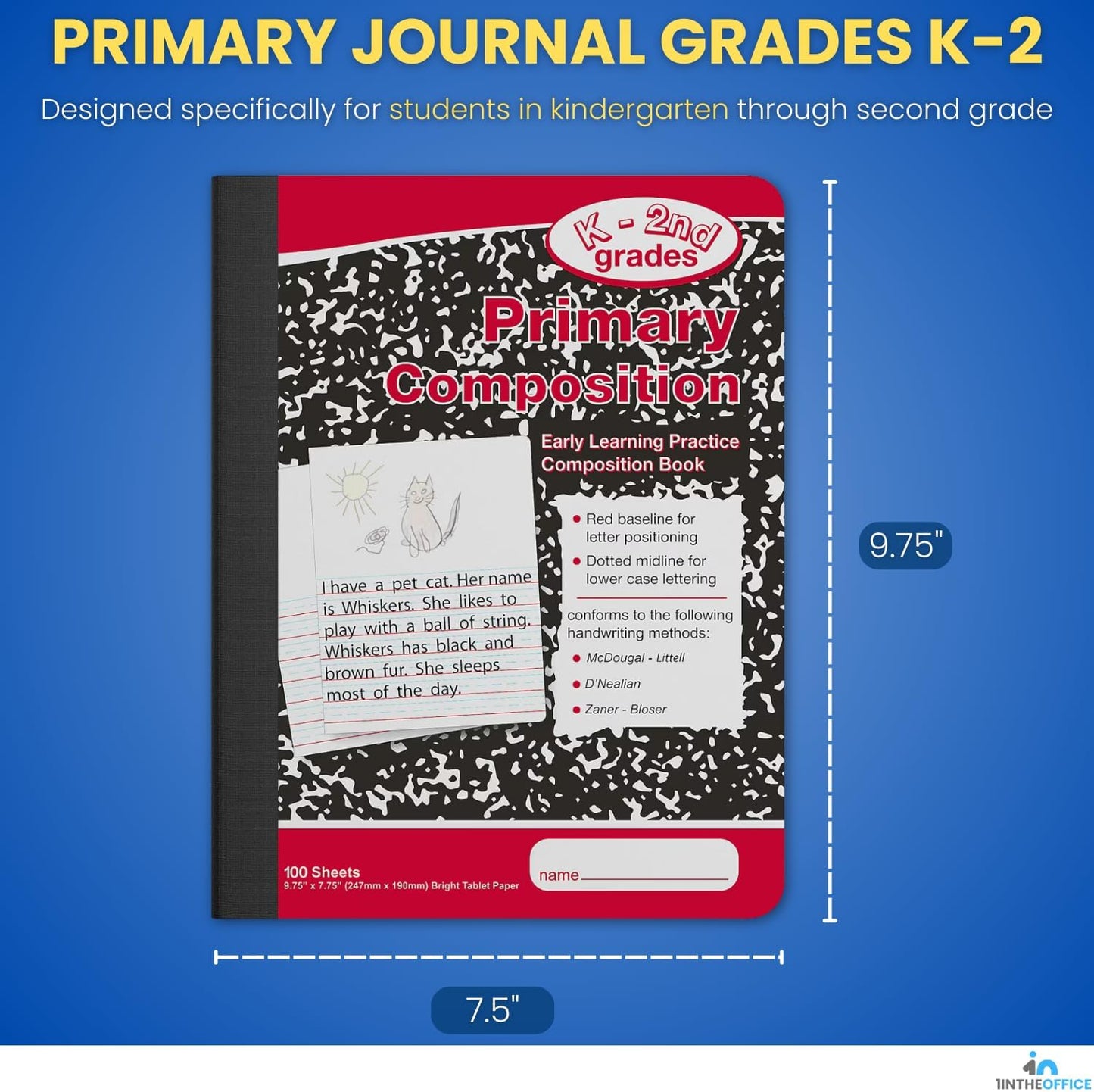 1InTheOffice Primary Composition Notebook K-2, Primary Journal, Kindergarten Notebook, 7.5" x 9.75", 100/Sheets, Red/Black Marble, 4 Pack