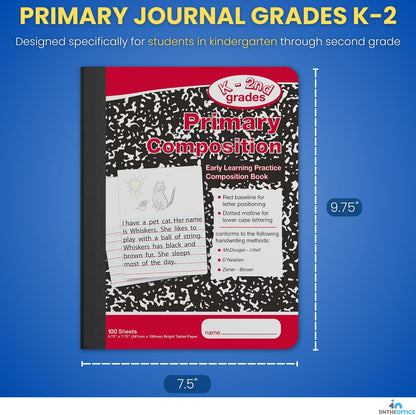 1InTheOffice Primary Composition Notebook K-2, Primary Journal, Kindergarten Notebook, 7.5" x 9.75", 100/Sheets, Red/Black Marble, 4 Pack