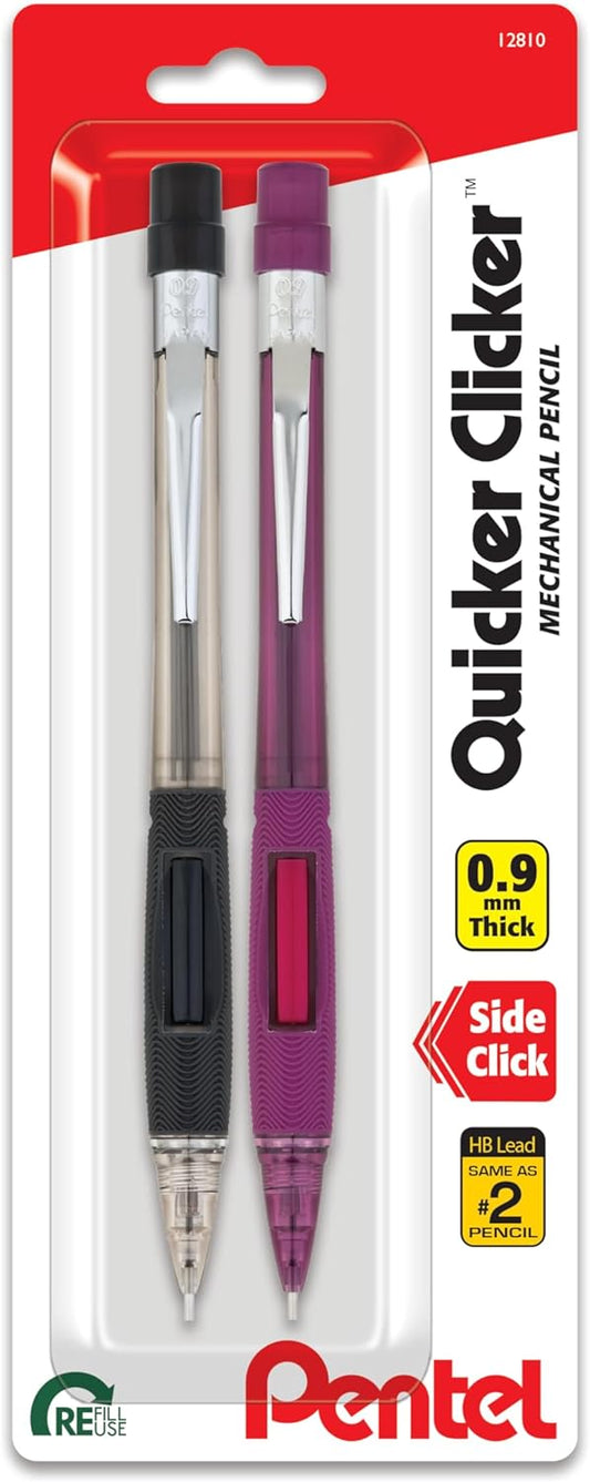 Pentel Quicker Clicker Automatic Pencil, 0.9mm, Assorted Barrel Colors, Color May Vary, 2 Pack (PD349BP2-K6), red