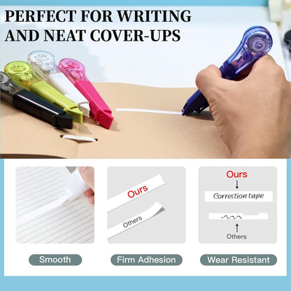 19.69ft Correction Tape Pen, 5-Count Pack, Dry Instantly, Stretch Resistant, not Easy to Break, as Smooth as Writing, Perfect for School, Office Supplies, Black White Red Yellow Blue