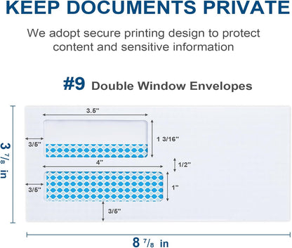 Vivin 100 No.9 Double Window Business Envelopes for Quickbooks Invoices and Business Statements, Flip and Seal Security-Tinted, Home & Office, 3-7/8 x 8-7/8 Inches, 24 LB, White