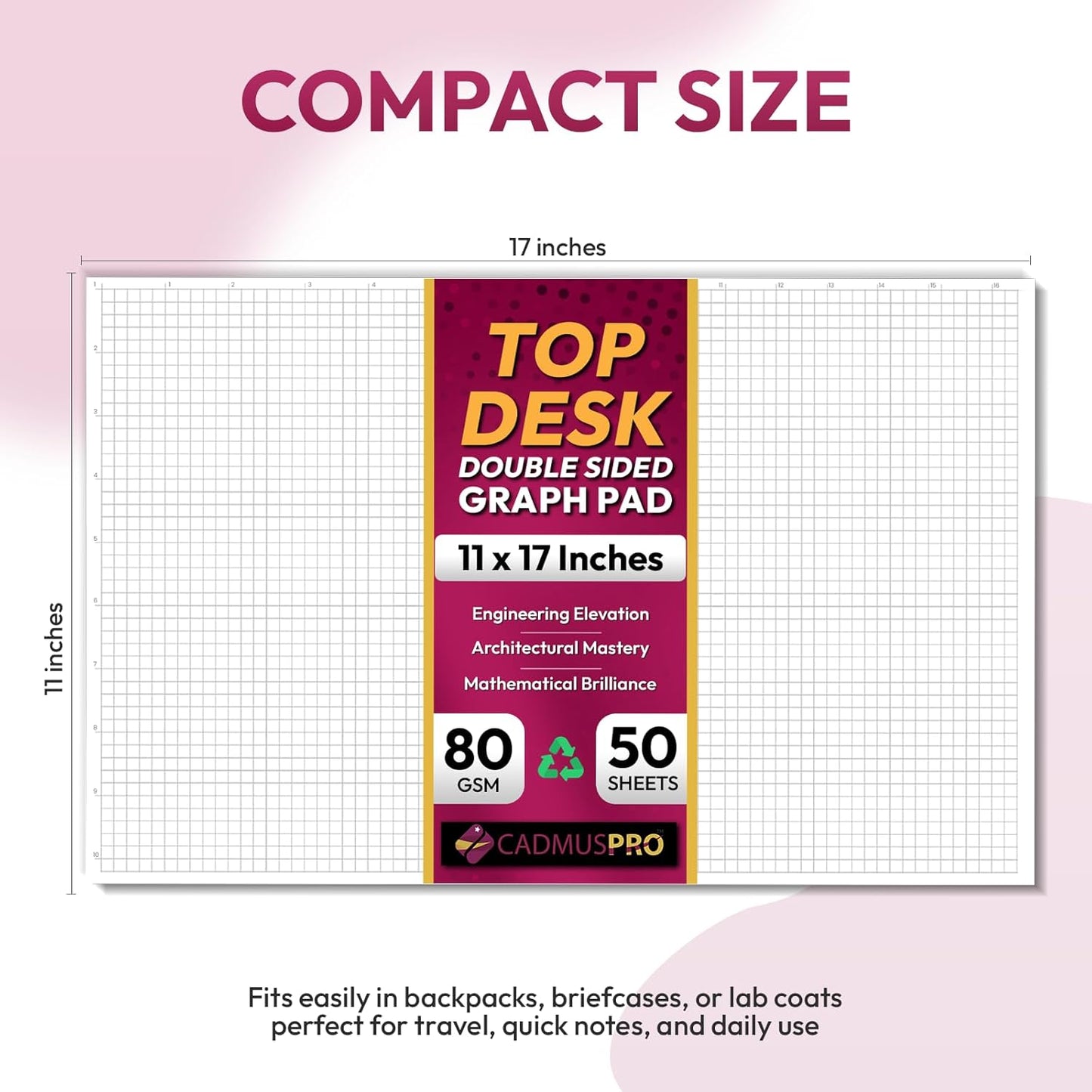 CADMUSPRO Graph Paper Pads 8.5x11 inch, 50 Sheets, Double-Sided, 80 GSM Quadrille Grid Math Notebook for students, Engineering Pad & Blueprint Drafting Paper, Architecture Sketch