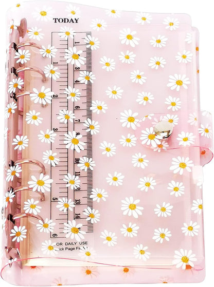 A6 A5 6-Holes Colorful PVC Cover Round Ring View Binder with Snap Button Closure File Folder for Loose Leaf Sheet Protectors Notebook Refill (Pink Daisy, A5 Mini Set) - Colors A