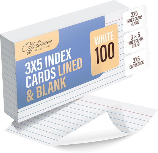 OFFILICIOUS Ruled Index Cards 3x5 — Durable Blank Cards Bulk for Writing Recipes, Notes & Flash Cards for Studying — 100 No Bleed-Through White Double-Sided Notecards 3x5 Lined & Blank
