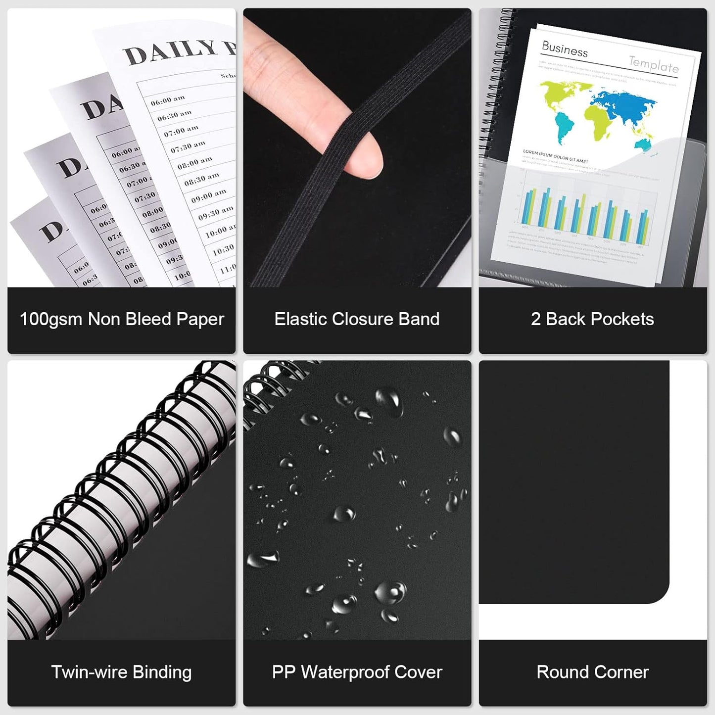 Daily Planner Undated, Asten To Do List Notebook Hourly Schedules Spiral Appointment Planner for Men and Women,PVC Hardcover,Elastic Closure, Inner Pocket 8.3" x 5.8" (Black)
