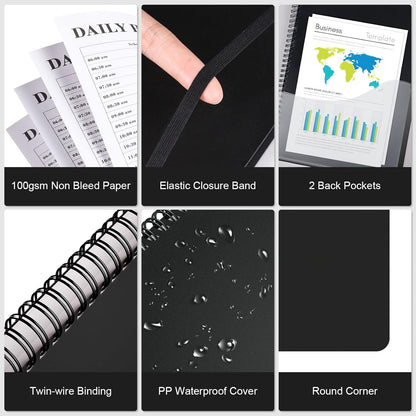 Daily Planner Undated, Asten To Do List Notebook Hourly Schedules Spiral Appointment Planner for Men and Women,PVC Hardcover,Elastic Closure, Inner Pocket 8.3" x 5.8" (Black)