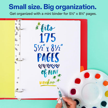 Avery Mini 3 Ring Binder, Holds 5.5" x 8.5" Paper, 1" Round Rings, 175-Sheet Capacity, 1.4 Inch Wide Spine, Watercolor Rainbow Design, Great for Home, Office, School Supplies, and More (18713)