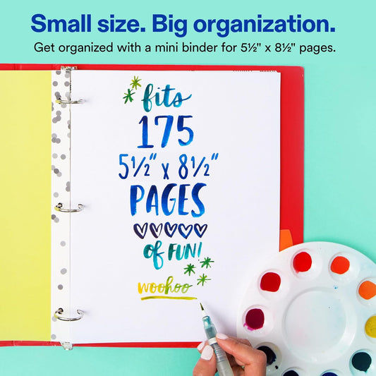Avery Mini 3 Ring Binder, Holds 5.5" x 8.5" Paper, 1" Round Rings, 175-Sheet Capacity, 1.4 Inch Wide Spine, Watercolor Rainbow Design, Great for Home, Office, School Supplies, and More (18713)