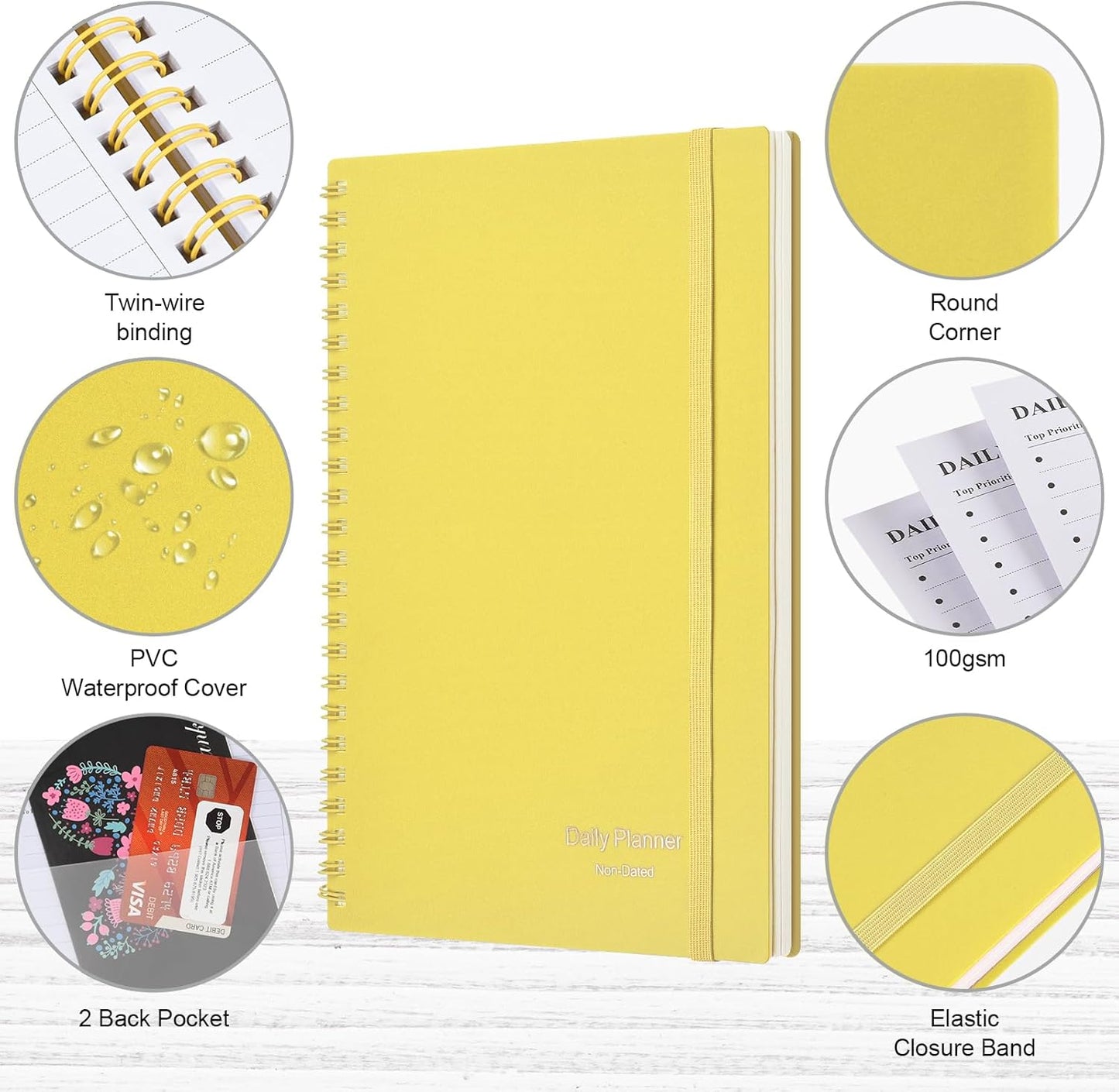 Daily Planner Undated, Asten To Do List Notebook Hourly Schedules Spiral Appointment Planner for Men and Women,PVC Hardcover,Elastic Closure, Inner Pocket 8.3" x 5.8" (Black)