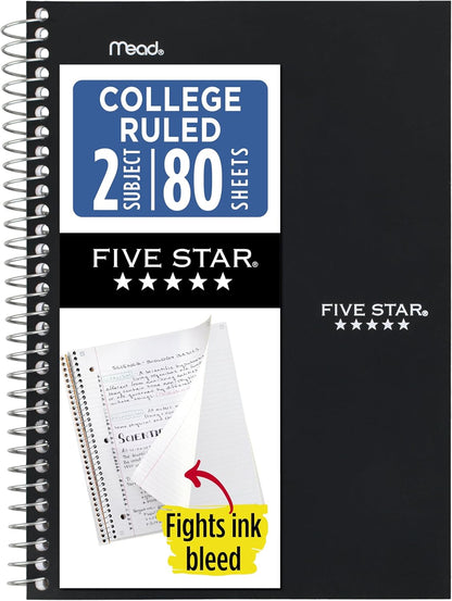 Five Star Spiral Notebook, 2 Subject, College Ruled Paper, 6" x 9.5", 80 Sheets, Blue (Color May Vary) (840029CG1)