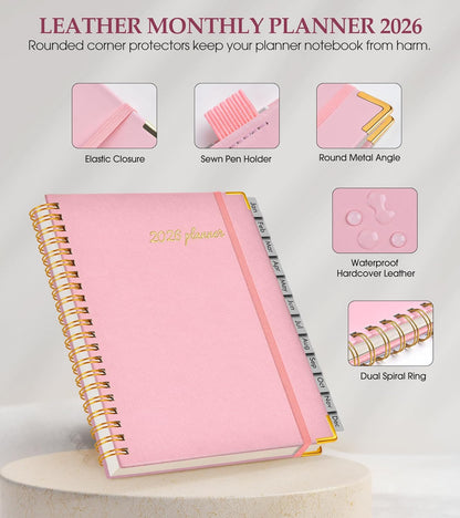 2026 Planner, Weekly and Monthly Calendar Planner from January 2026 - December 2026, 8.5" x 11" Hardcover Leather Hourly Appointment Book with Tabs, Spiral Daily Planners for School Work Home, Green