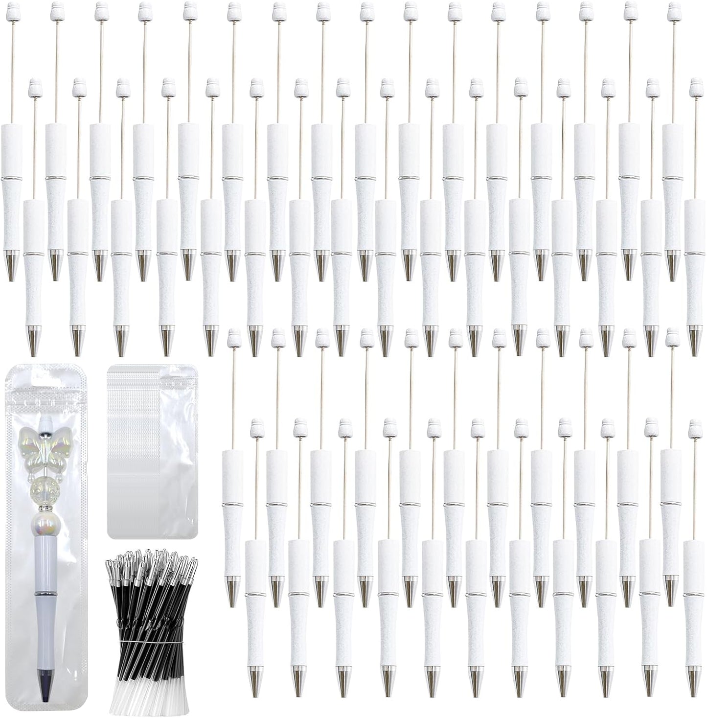 150 Pieces DIY Beadable Pen Kit – 50 Plastic Ballpoint Pens with Refills & Bags, Beads Not Included – School Supplies, Office Accessories & Craft Gifts for Students & Teachers (Multicolor)