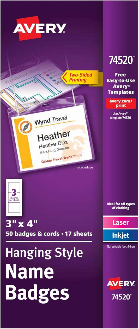 Avery Customizable Name Badges, 3" x 4", Laser/Inkjet Printable Inserts, 100 Name Tag Holders with Cords (74459)