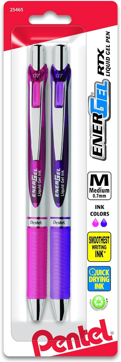 Pentel EnerGel RTX Retractable Liquid Gel Pen, Medium Line, Metal Tip, Pink/Violet Ink, 2-Pack (BL77BP2PV)