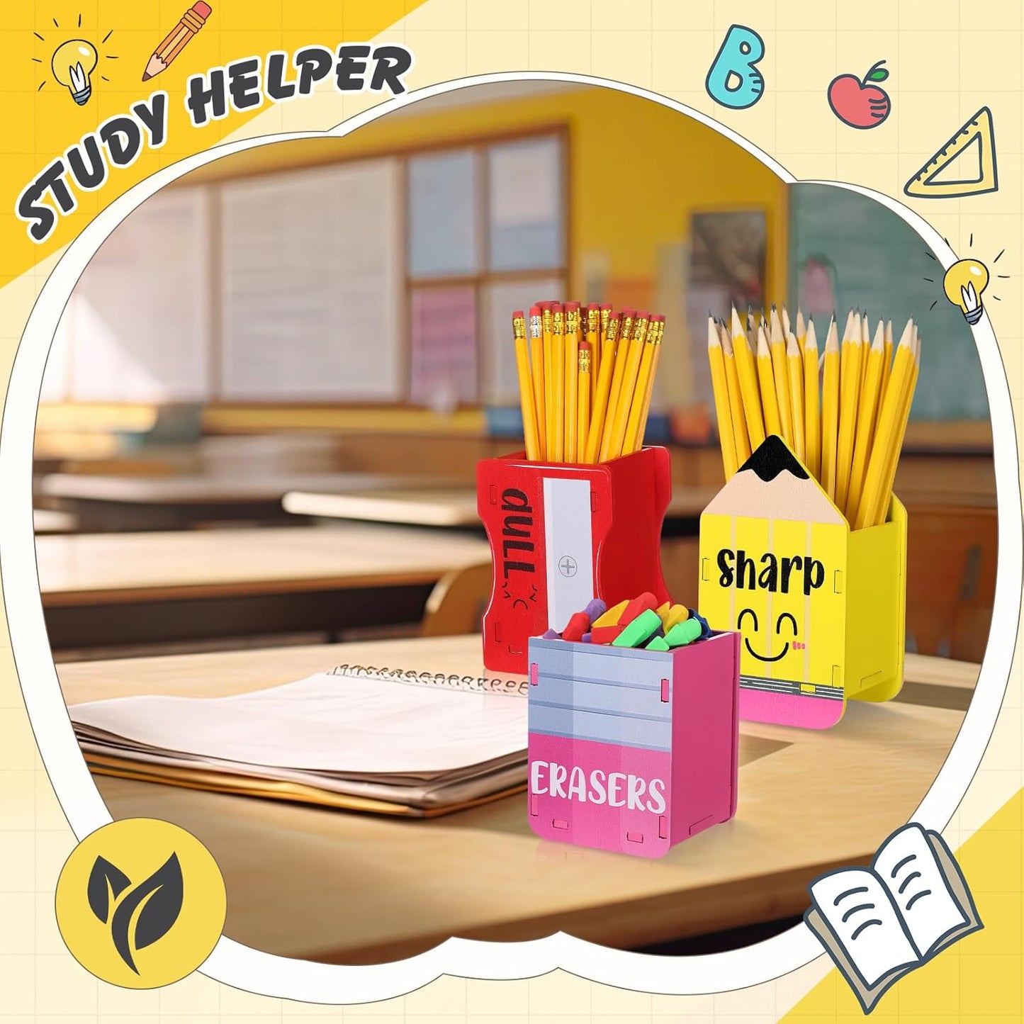 AmazingSpark 3 Pcs Pencil Shaped Holder Sharp and Eraser and Dull Holder Wooden Dispenser Pencil Storage Organizer for Back to School Management Organization (Classic)
