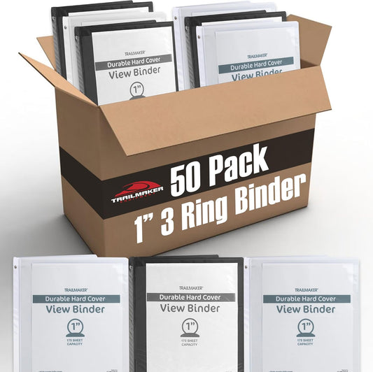 Trail Maker 1 inch Binders (50 Pack), 3 Ring Hardcover Binders in Bulk with Clear View Cover, Pockets for Classroom, Office, Portfolios | Bulk School, Teacher, Office Supplies (White Only Pack)