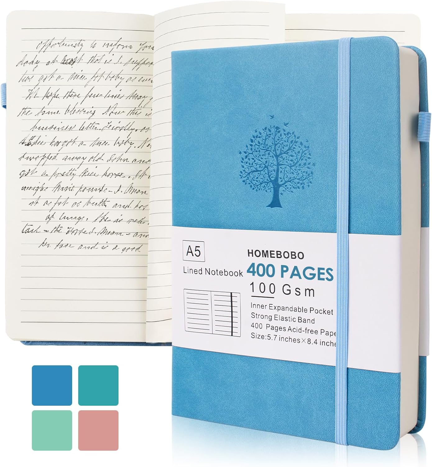 Journals for Writing, A5 Leather Ruled Notebook with 400 Pages, 100 Gms College Ruled Journal with Thick Paper, Hardcover with Inner Pocket & Pen Holder, Dark Green