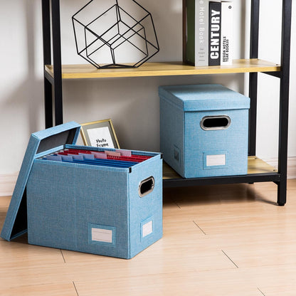 PRANDOM File Organizer Box - Collapsible Decorative Linen Filing Storage with Lids for Letter Size - Grey (14x9.3x10.8 inch)