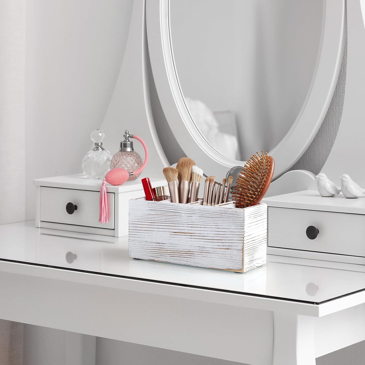 Bivvclaz Pencil Pen Holder for Desk, Wooden Office Desk Organizers and Accessories with 4 Slots for Countertop, Makeup Brush Holder Organizer for Bathroom Vanity, Silverware Caddy for Party, White