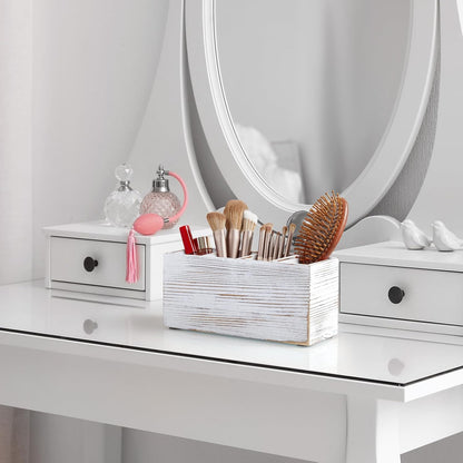Bivvclaz Pencil Pen Holder for Desk, Wooden Office Desk Organizers and Accessories with 4 Slots for Countertop, Makeup Brush Holder Organizer for Bathroom Vanity, Silverware Caddy for Party, White