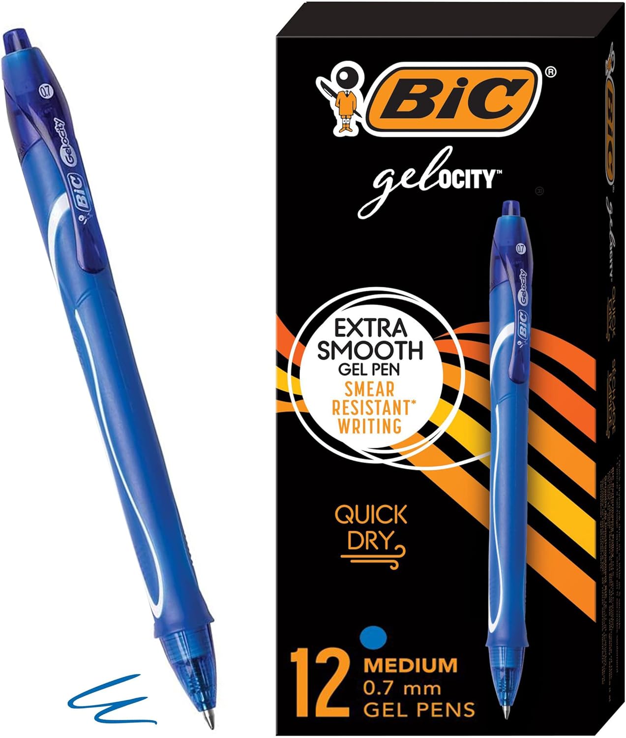BIC Gelocity Quick Dry Blue Gel Pens, Medium Point (0.7mm), 12-Count Pack, Retractable Gel Pens with Comfortable Full Grip