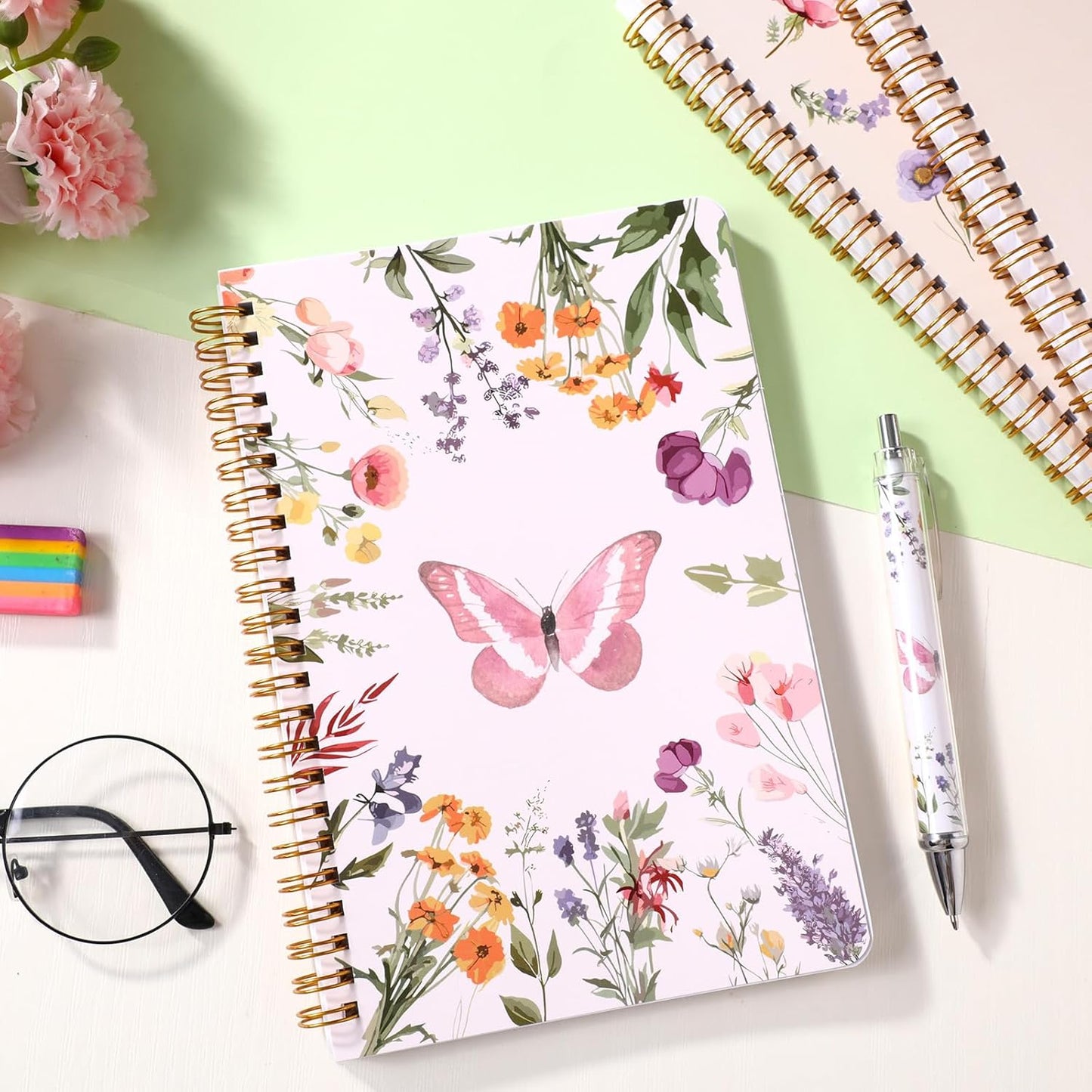 Resurhang 6 Pack A5 Composition Notebook Marble Spiral Notebooks Preppy Cute Aesthetic Hardcover Ruled Composition Books with Ballpoint Pens for School Day Classroom Prize, 5.8 x 8.3 Inch