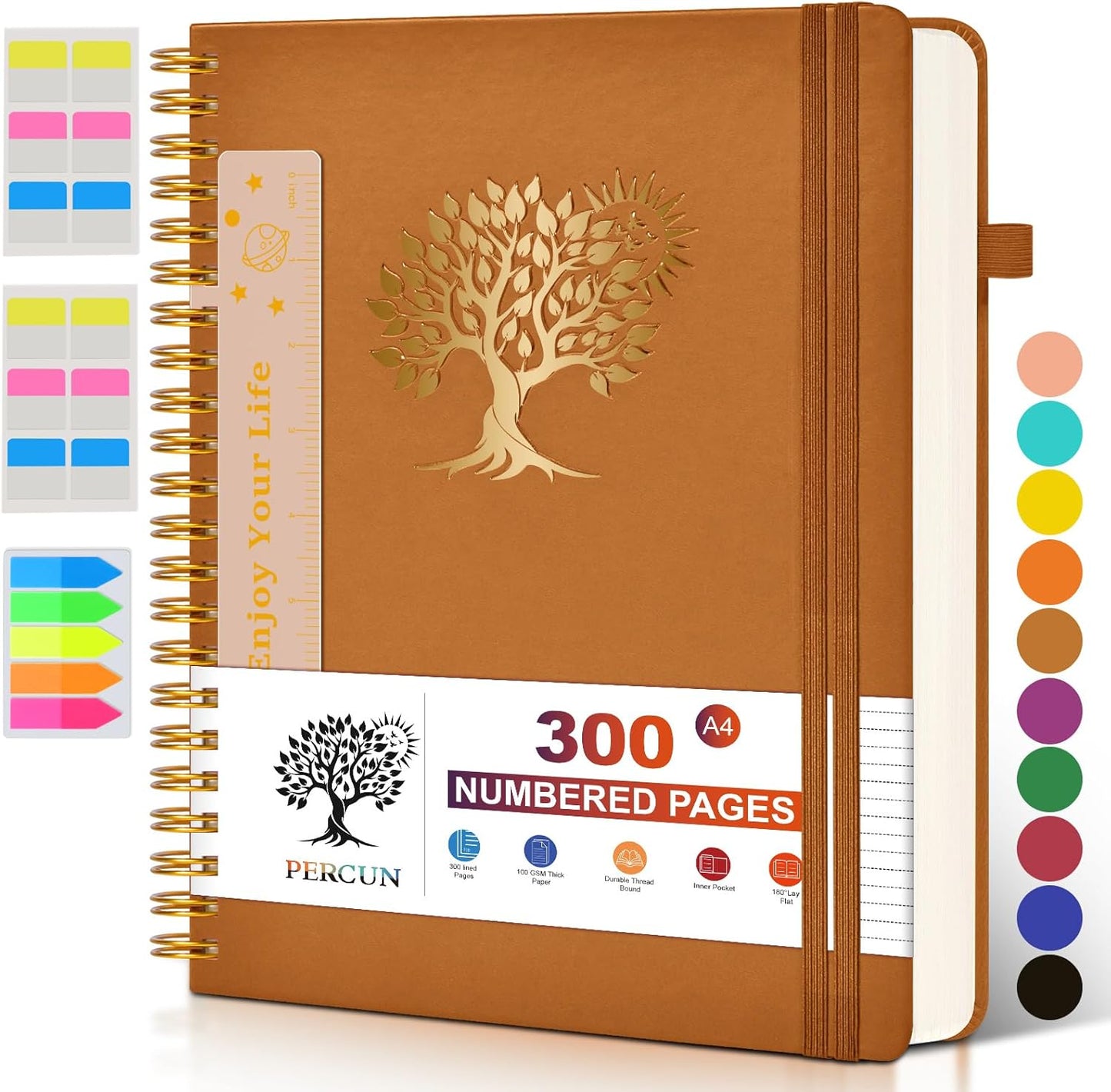 Spiral Notebook Journal for Women Men, 300 Numbered Lined Pages, College Ruled, A5 Hardcover Spiral Bound Notebook for School, Work, Note Taking Writing, Leather Spiral Journal Medium 5.9"x8.5"