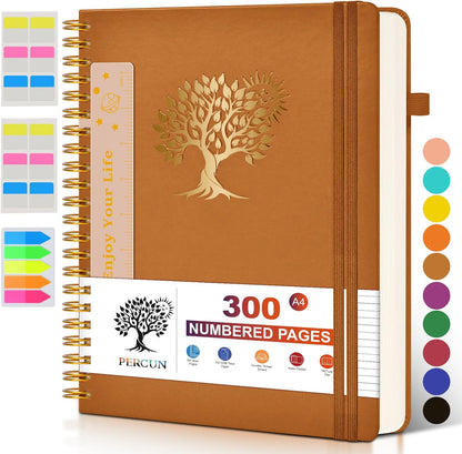 Spiral Notebook Journal for Women Men, 300 Numbered Lined Pages, College Ruled, A5 Hardcover Spiral Bound Notebook for School, Work, Note Taking Writing, Leather Spiral Journal Medium 5.9"x8.5"