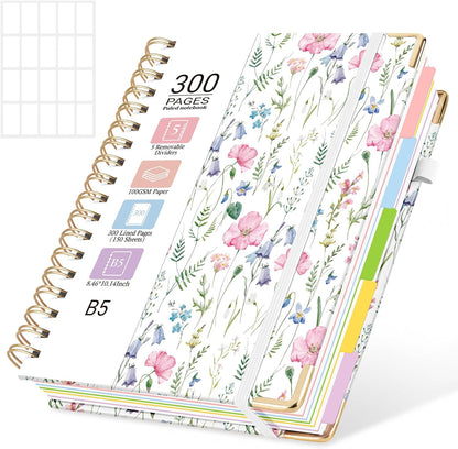 Hardcover Spiral Journal Notebook, 300 Pages 5 Subject Notebook College Ruled with Removable Dividers Tabs, 8" x 10" Notebooks for Work, Spiral Ruled Lined Writing Journal Hardcover Leather Notebook for School (Black, 8''x 10'')