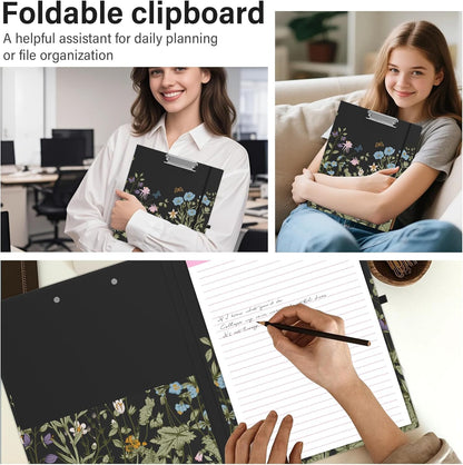 A4 Cute Clipboard Folio with Notepad Clipfolio and Interior Storage, Foldable Nursing Legal Size Clipboards for Work/Kids/Teachers - Almond Tree