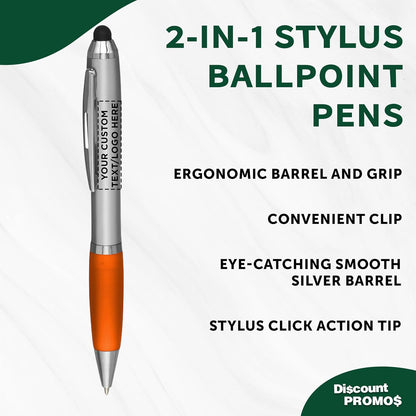 DISCOUNT PROMOS Custom Stylus Ballpoint Pens Set of 10/50/100, Personalized Bulk Pack - Black Ink, Great for Office, School, Business, Tradeshows, Events - Purple
