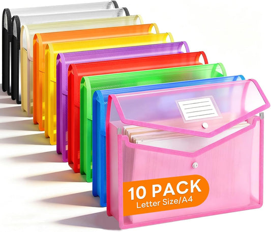 10 Pack Plastic Expanding File Folder, Transparent Folders for Documents with Snap Closure, Large Capacity, No Dividers, Fit Letter/A4 Size, 9 Colors for Tax, Office & Home School Organizer