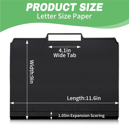 Black File Folders, 6-Pack, 1/3 Tab Filing Folders for 8.5x11 Letter Size Documents, Great for Organizing and Easy File Storage (6 Pack)